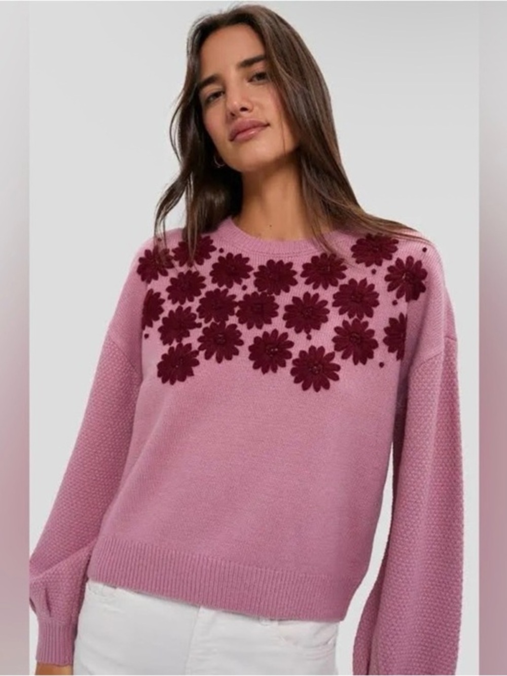 Tuckernuck Pink Crewneck Sweater with Burgundy Floral Appliqué